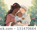 Two women as a couple holding their baby, smiling and leaning to the child. Vintage family portrait, early 20th century style. 131470664