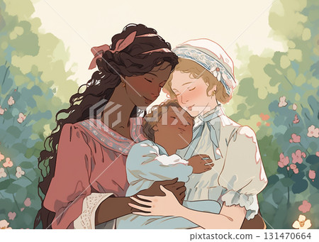 Two women as a couple holding their baby, smiling and leaning to the child. Vintage family portrait, early 20th century style. 131470664