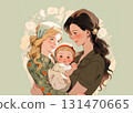 Two women as a couple holding their baby, smiling and leaning to the child. Vintage family portrait, early 20th century style. 131470665