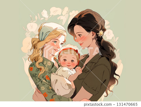 Two women as a couple holding their baby, smiling and leaning to the child. Vintage family portrait, early 20th century style. 131470665