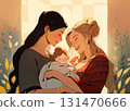 Two women as a couple holding their baby, smiling and leaning to the child. Vintage family portrait, early 20th century style. 131470666