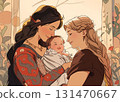 Two women as a couple holding their baby, smiling and leaning to the child. Vintage family portrait, early 20th century style. 131470667