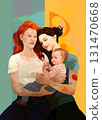 Two women as a couple holding their baby, smiling and leaning to the child. Family portrait 131470668