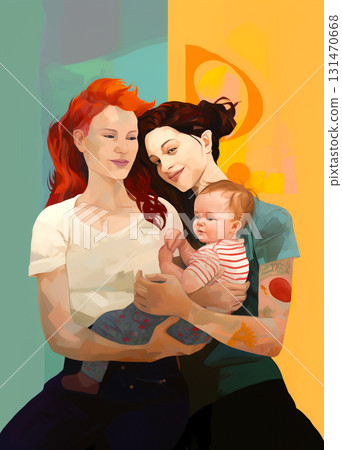 Two women as a couple holding their baby, smiling and leaning to the child. Family portrait Two women as a couple holding their baby, smiling and leaning to the child. Family portrait 131470668
