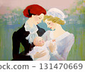 Two women as a couple holding their baby, smiling and leaning to the child. Vintage family portrait, early 20th century style. 131470669