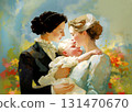 Two women as a couple holding their baby, smiling and leaning to the child. Vintage family portrait, early 20th century style. 131470670