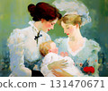 Two women as a couple holding their baby, smiling and leaning to the child. Vintage family portrait, early 20th century style. 131470671