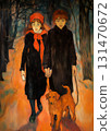Two teenage girls in black autumn coats walk hand in hand along a road through a dark autumn forest, painted in impressionist 20th century style. One of them holds a red dog on a leash 131470672