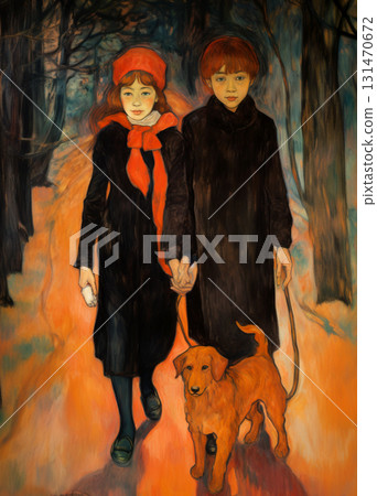 Two teenage girls in black autumn coats walk hand in hand along a road through a dark autumn forest, painted in impressionist 20th century style. One of them holds a red dog on a leash 131470672