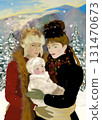 Two women as a couple holding their baby, smiling and leaning to the child. Vintage family portrait, early 20th century style. 131470673