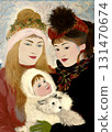 Two women as a couple holding their baby, smiling and leaning to the child. Vintage family portrait, early 20th century style. 131470674