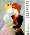 Two women from the late 19th century dancing closely together in elegant costumes. They hold each other by the waist with eyes closed, expressing intimacy and romance.  131470675
