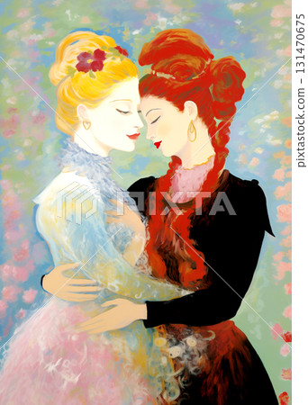 Two women from the late 19th century dancing closely together in elegant costumes. They hold each other by the waist with eyes closed, expressing intimacy and romance. Two women from the late 19th century dancing closely together in elegant costumes. They hold each other by the waist with eyes closed, expressing intimacy and romance. 131470675
