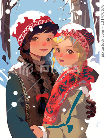 Two teenage girls outdoors in winter, hugging each other and looking at the camera. One brunette and one blonde, both wearing knitted hats. Snow is falling, they appear happy and in love. Two teenage girls outdoors in winter, hugging each other and looking at the camera. One brunette and one blonde, both wearing knitted hats. Snow is falling, they appear happy and in love. 131470676