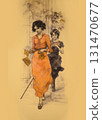 Two women walking toward the viewer, one in a black dress and the other in a yellow dress. Ink drawing imitation on toned yellowish paper. Vintage early 20th century style, fashion illustration  131470677