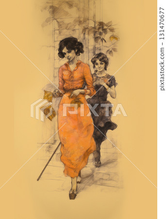 Two women walking toward the viewer, one in a black dress and the other in a yellow dress. Ink drawing imitation on toned yellowish paper. Vintage early 20th century style, fashion illustration  131470677