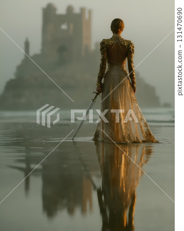 Fantasy Warrior in Golden Gown with Sword Standing by Castle at Sunset 131470690