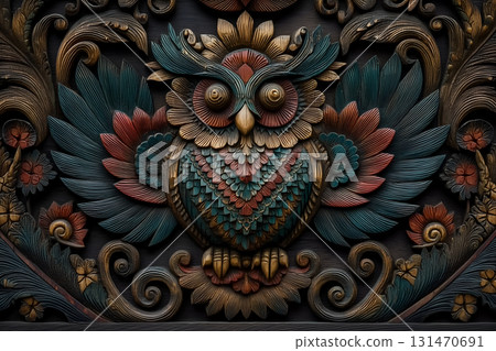 Intricately Carved Wooden Owl with Ornamental Floral Motifs 131470691