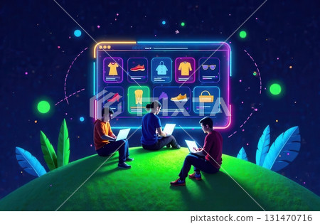 Young people shopping online using laptops and futuristic interface 131470716