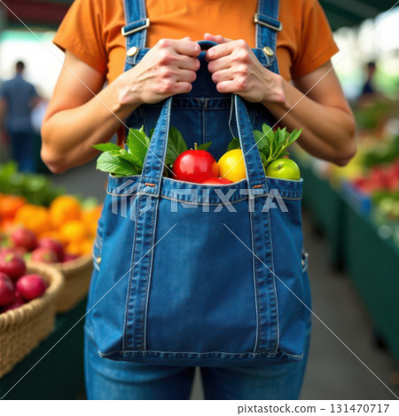 Woman holding reusable shopping bag with fresh fruits and vegetables at farmers market 131470717