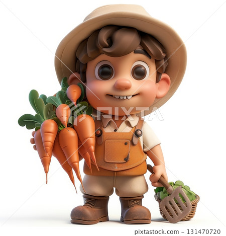 Young farmer holding carrots and peas smiling wearing overalls and hat Young farmer holding carrots and peas smiling wearing overalls and hat 131470720