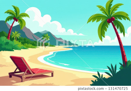 Tropical beach with palms, mountains and deckchair inviting to relax 131470725