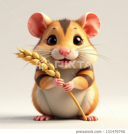 Adorable Cartoon Hamster Holding Wheat Grain, 3D Render 131470748