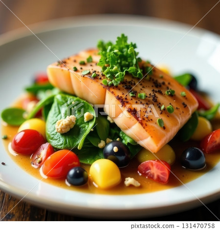 Grilled salmon fillet resting on fresh spinach, cherry tomatoes, grapes and vinaigrette Grilled salmon fillet resting on fresh spinach, cherry tomatoes, grapes and vinaigrette 131470758