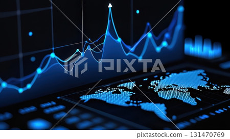 Global business digital interface showing increasing statistics and world map with blue lights Global business digital interface showing increasing statistics and world map with blue lights 131470769