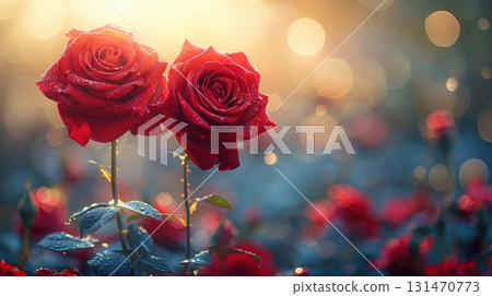 Two Red Roses Blooming in Golden Sunlight with Dew Drops Two Red Roses Blooming in Golden Sunlight with Dew Drops 131470773
