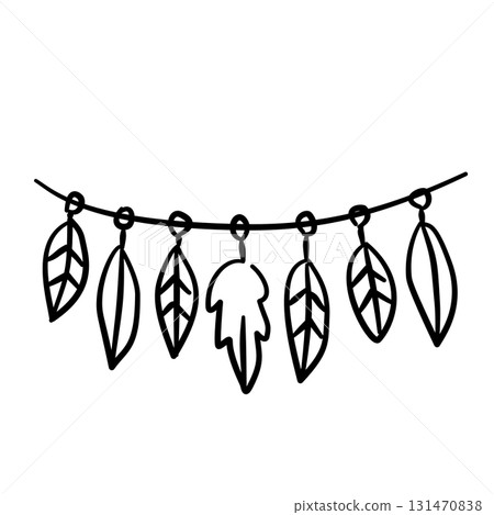 leaf and feather garland in simple doodle style baby shower line art doodle illustration hand drawn black and white outline sketch for invitations stickers patterns and crafts 131470838