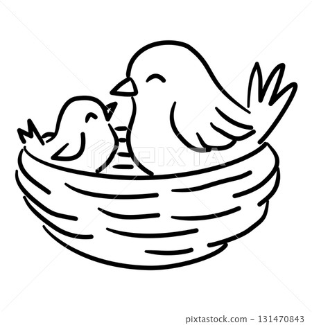 Mama bird with baby bird simple boho birds sitting in a nest baby shower line art doodle illustration hand drawn black and white outline sketch for invitations stickers patterns and crafts 131470843