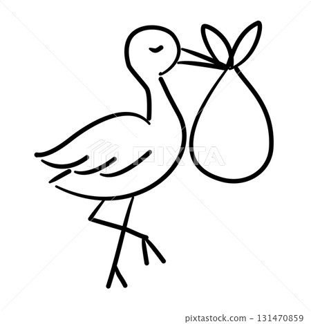 A stork bird carrying a bundle with a baby inside baby shower line art doodle illustration hand drawn black and white outline sketch for invitations stickers patterns and crafts 131470859