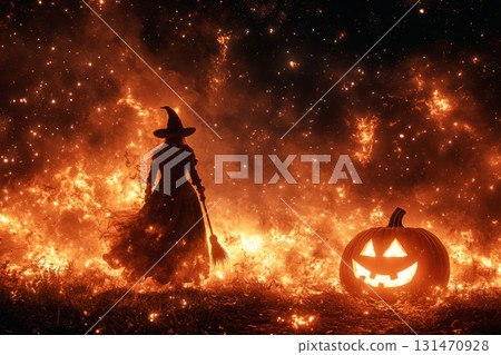 Silhouette of a witch with a broom against an orange, fiery sky and a glowing Jack-o'-lantern. Halloween fantasy. Silhouette of a witch with a broom against an orange, fiery sky and a glowing Jack-o'-lantern. Halloween fantasy. 131470928
