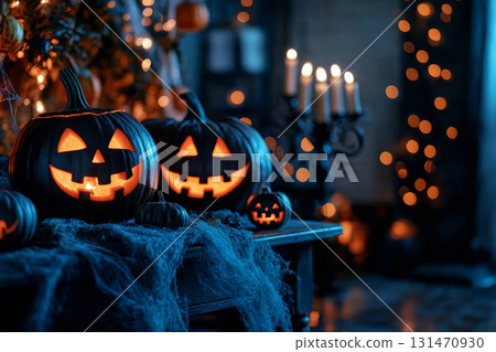 Glowing jack-o'-lanterns on a spooky table with candles and string lights create cozy Halloween magic indoors. Glowing jack-o'-lanterns on a spooky table with candles and string lights create cozy Halloween magic indoors. 131470930