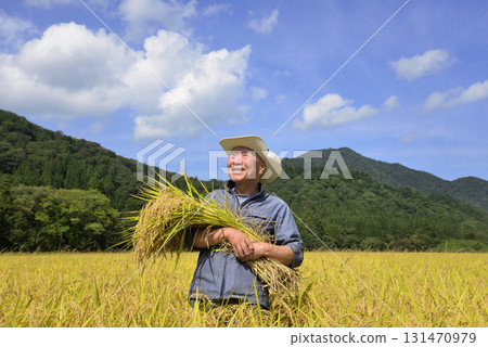 Old man's new rice harvest Old man's new rice harvest 131470979