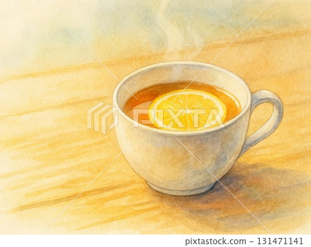 Hot tea cup and lemon on a wooden table (Watercolor) 131471141