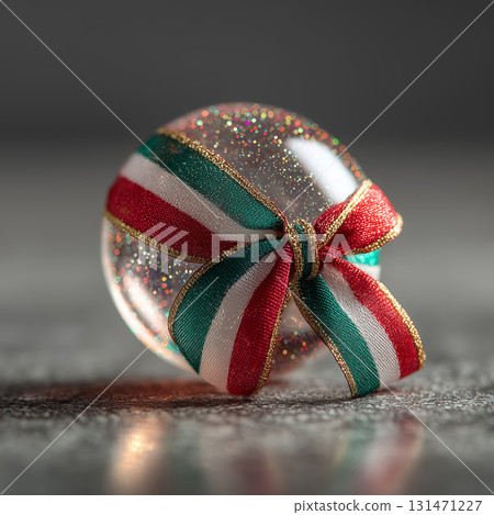 Festive Italian ribbon tied around a sparkling Christmas ornament 131471227
