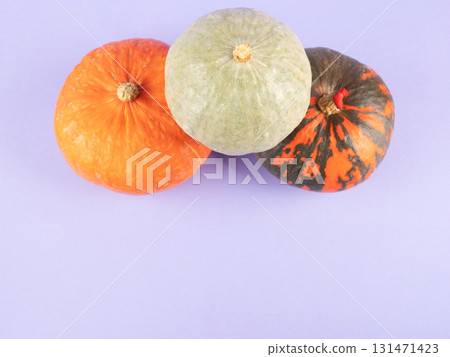 Three colorful pumpkins on purple background Three colorful pumpkins on purple background 131471423