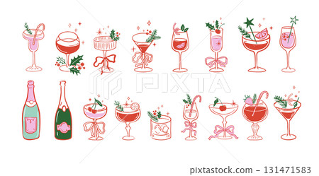 Christmas cocktail party hand-drawn vintage illustrations Christmas cocktail party hand-drawn vintage illustrations 131471583