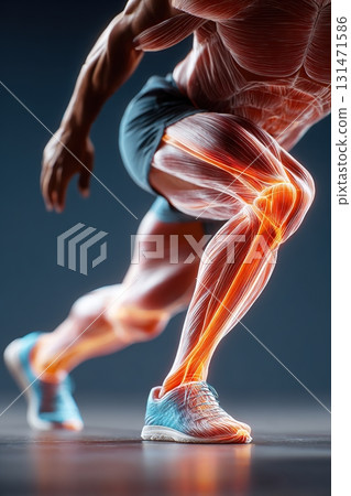 Lunging athlete showcasing leg muscles in dynamic workout at indoor gym 131471586