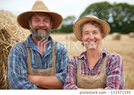 Couple smiles in organic field surrounded by hay bales during sunny day Couple smiles in organic field surrounded by hay bales during sunny day 131471595