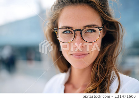 Confident young woman wearing stylish eyeglasses outdoors on a bright sunny day Confident young woman wearing stylish eyeglasses outdoors on a bright sunny day 131471606