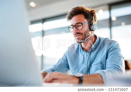 Businessman in headset provides client support at modern office during daylight hours 131471607