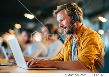 Service agent assisting clients in vibrant coworking space during busy work hours Service agent assisting clients in vibrant coworking space during busy work hours 131471619