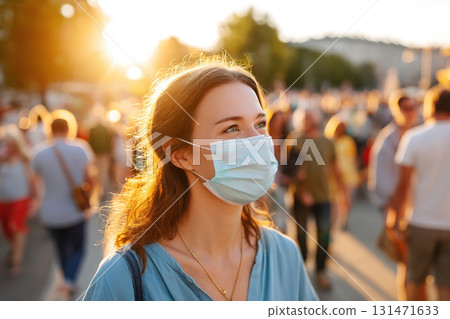 Beautiful woman wearing a mask outdoors among a crowd at sunset during a vibrant summer evening 131471633