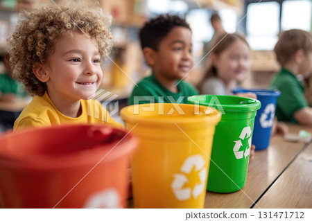 Children learn about recycling in a classroom during an engaging educational activity 131471712