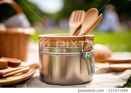 Stainless lunchboxes and bamboo utensils create a perfect picnic setup in a sunny park 131471946