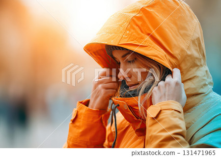 Woman adjusts orange jacket while walking through city during sunset 131471965
