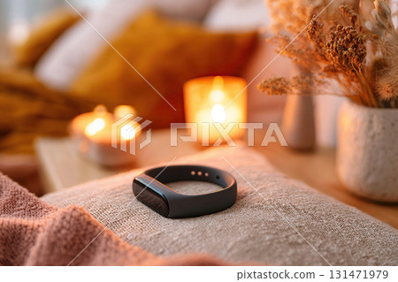 Sleep tracker band resting on bedside table next to candles and decorative flowers Sleep tracker band resting on bedside table next to candles and decorative flowers 131471979